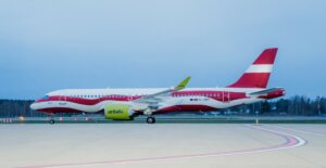 airBaltics 40th A220-300 aircraft in the Latvian flag livery