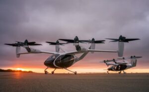 The first aircraft (l) to come off Joby’s Pilot Production Line in Marina, CA