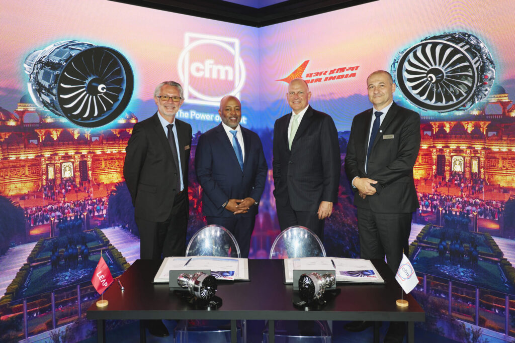 The LEAP engine order has been finalised by (from left): Gaël Méheust, CFM International; Russell Stokes, GE Aerospace; Campbell Wilson, Air India and Jean-Paul Alary, Safran Aircraft Engines