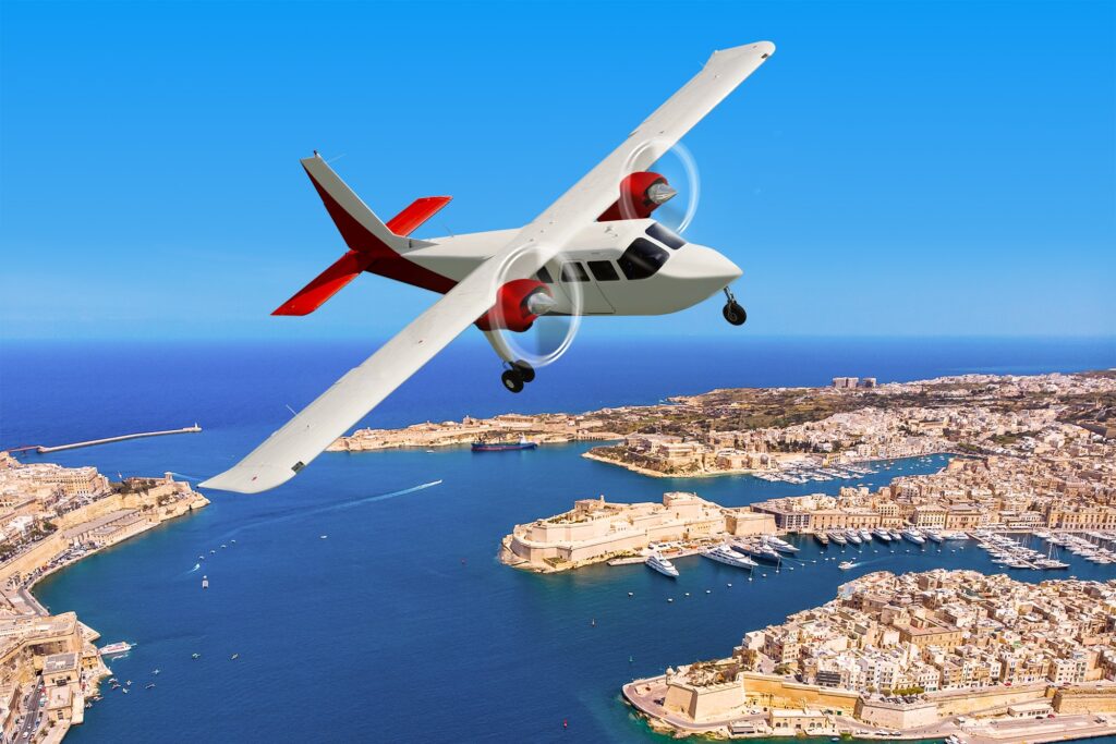 Rendering of a Britten-Norman Islander flying above Valetta, Malta