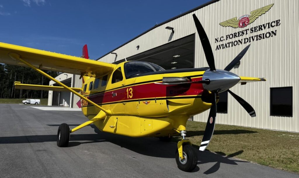 Daher’s first Kodiak 100 delivered with a five-blade composite propeller is shown at the North Carolina Forest Service’s Aviation Division