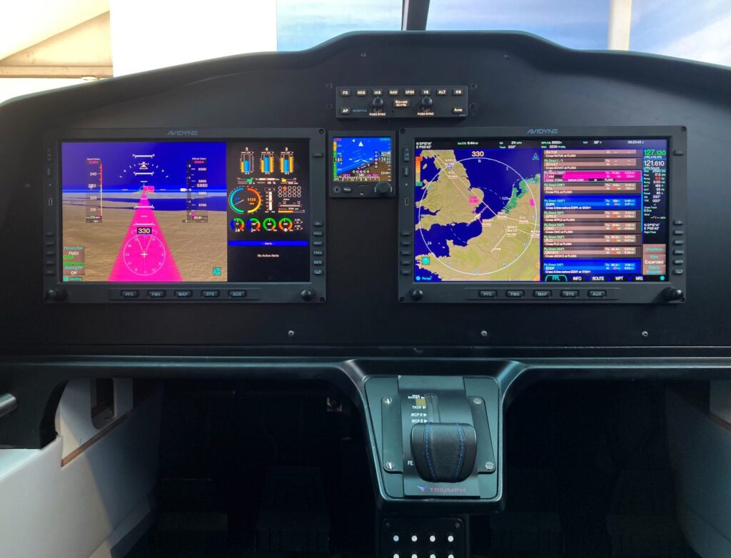 VoltAero’s Cassio 330 full-scale cabin mock-up includes a flight deck equipped with Avidyne’s Quantum 14-inch displays in the dual PFD/MFD configuration