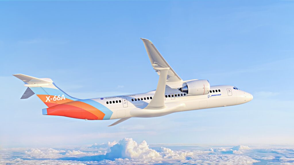 A rendering of the Transonic Truss-Braced Wing X-66A aircraft in NASA’s Sustainable Flight Demonstrator livery