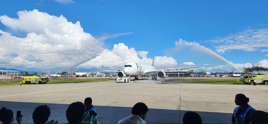 Fiji Airways' new A350 XWB was welcomed with a water salute