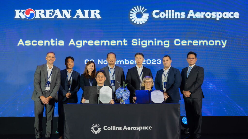 Jonghoon Oh, Korean Air and Clotilde Enel-Rehel, Collins Aerospace, signed the agreement to equip Korean Air’s Boeing 787 fleet with Ascentia® in Chiang Mai, Thailand