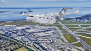 Image of ES-30 aircraft flying over Copenhagen Airport