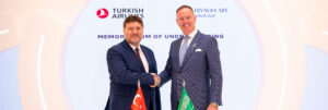 Turkish Airlines Chief Investment and Technology Officer Levent Konukcu and Riyadh Air CEO, Tony Douglas at the MoU signing