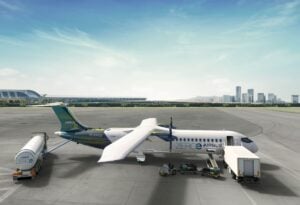 Turboprop concept of ZEROe hydrogen-powered aircraft at the airport. © Airbus SAS
