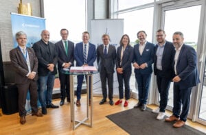 Representatives from Embraer, Eve and Groupe ADP at the MoU signing