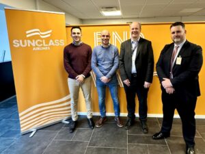From left to right: Matteo Marcellini - Head of Engineering, Sun Class, Carl Krystek - Powerplant Engineer, Sun Class, Claus Larsen - Head of Procurement, Sun Class and James Pires - Regional Sales Director, Safran Nacelles