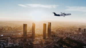 Airbus ZEROe aircraft flying over Madrid © Airbus