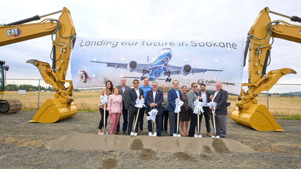 Local government officials, community leaders, industry partners and Collins Aerospace leadership at the ground-breaking ceremony in Spokane