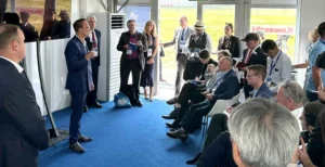 VoltAero CEO and Chief Technology Officer Jean Botti answers questions during the Farnborough International Airshow press conference © VoltAero