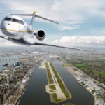 Image of Global 8000 jet over London City © Bombardier