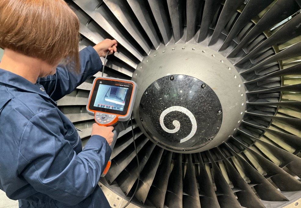 An inspection is being conducted using Waygate Technologies’ Mentor Visual iQ+ borescope © GE Aerospace