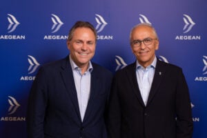 Chairman of AEGEAN, Eftichios Vassilakis (l) and CEO of AEGEAN Dimitris Gerogiannis