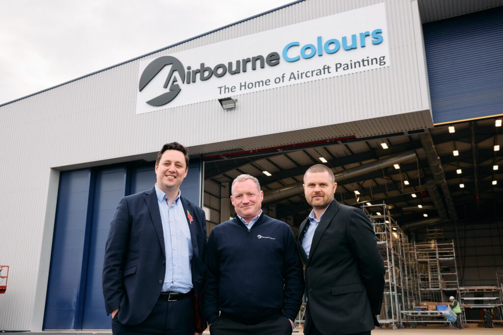 From left: Tees Valley Mayor Ben Houchen, Airbourne Colours Chief Executive Steve Darbyshire and Teesside Airport Managing Director Phil Forster