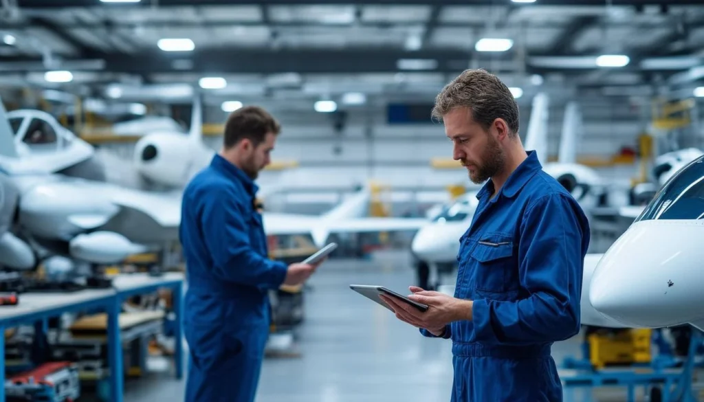 Aircraft maintenance repair facility with technicians actively engaged in various tasks