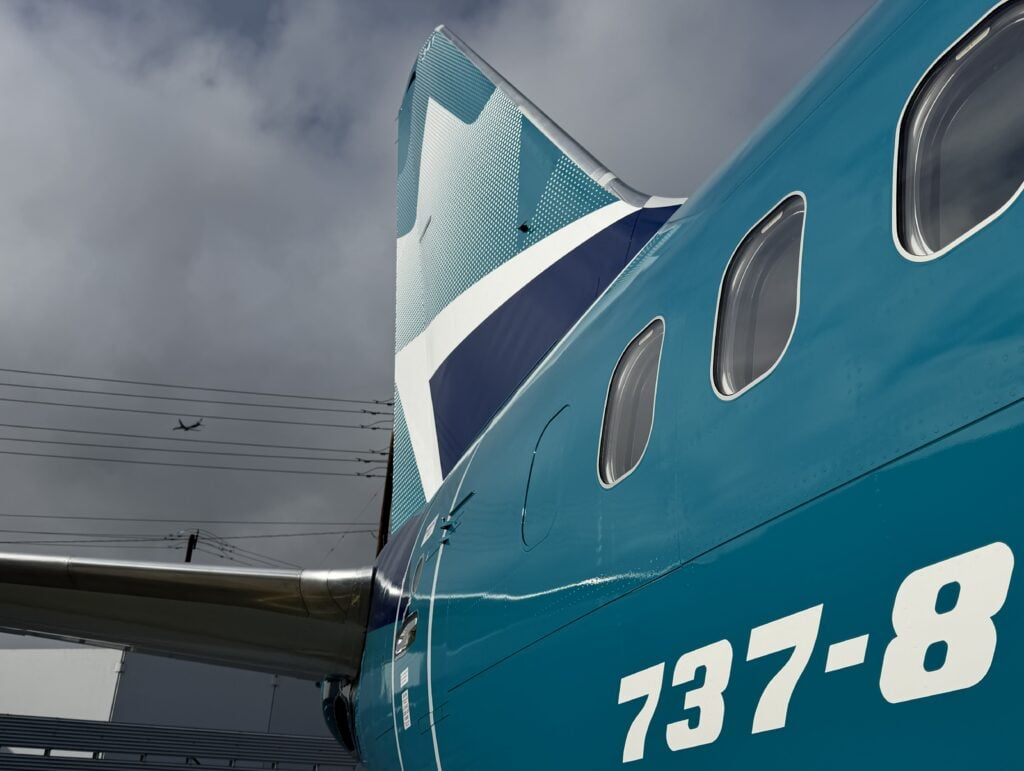 Tail of a WestJet B737 MAX 8