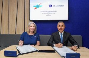 The MoU was signed by Rita Flaherty VP, Strategy and Business Development, Defense & Systems, GE Aerospace and Air Chief Marshal Piboon Vorravanpreecha, Managing Director of Thai Aviation Industries © GE Aerospace
