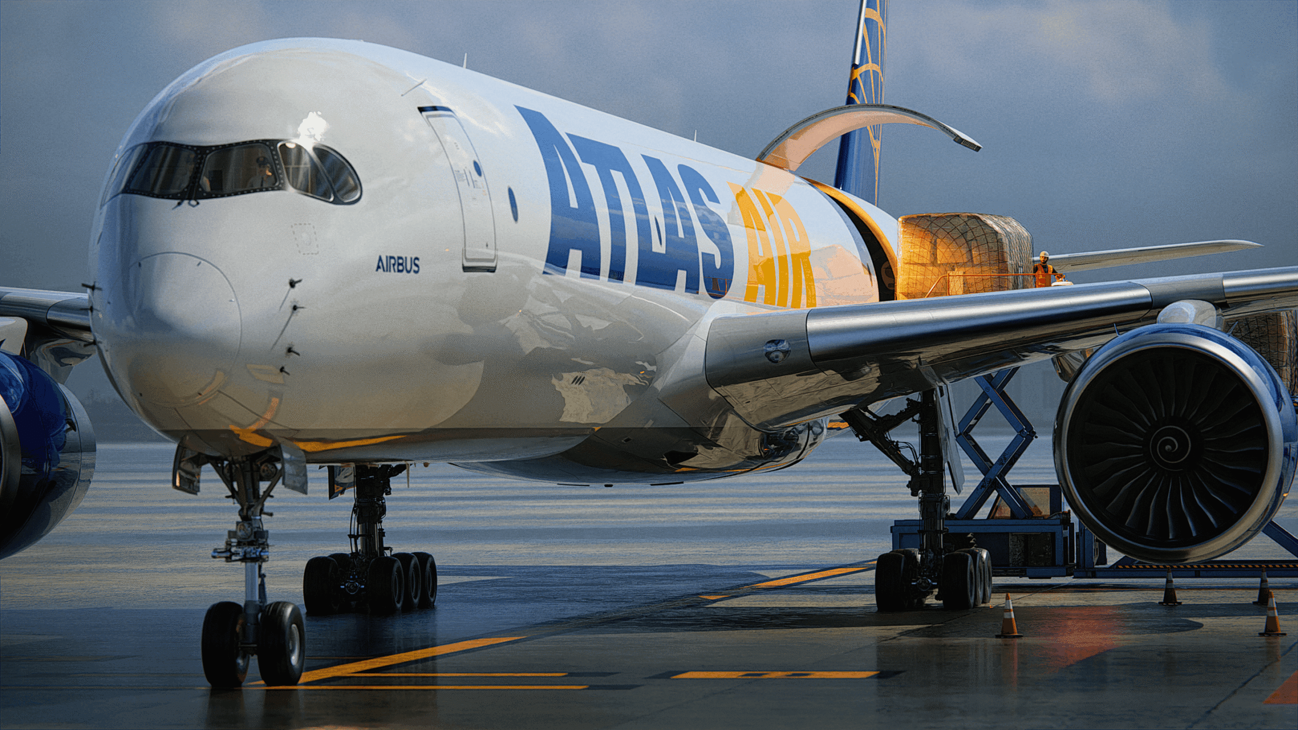 An Airbus A350 freighter in Atlas Air livery