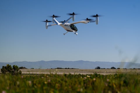 Joby’s first FAA-conforming aircraft for TIA in flight at the Company’s test facility in Marina, CA