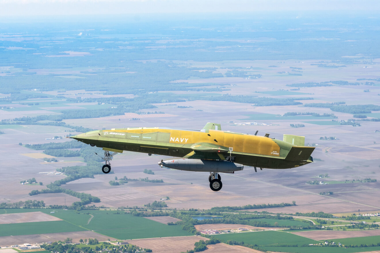 The first operational U.S. Navy MQ-25A Stingray soars over southern Illinois during a successful two-hour first flight