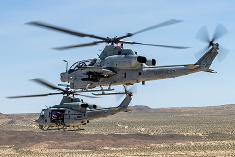 A U.S. Marine Corps AH-1Z Viper and a UH-1Y Venom