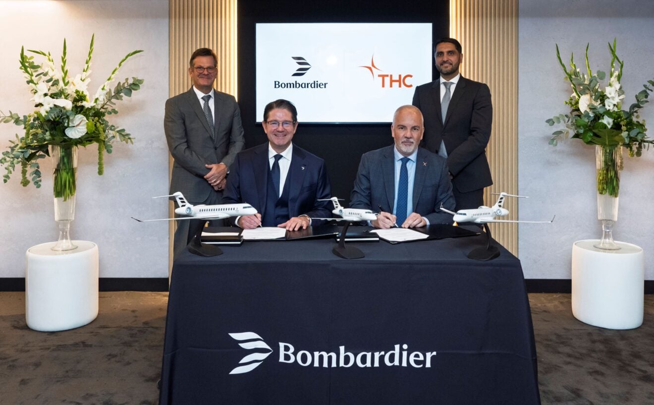 LOI signing ceremony held at the Farnborough International Airshow with CEO of THC, Captain Arnaud Martinez, and Head of Aviation & Security at the Public Investment Fund (PIF), Muhammad Ovais Yousuf, Bombardier CEO Éric Martel and Chairman Pierre Beaudoin