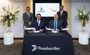 LOI signing ceremony held at the Farnborough International Airshow with CEO of THC, Captain Arnaud Martinez, and Head of Aviation & Security at the Public Investment Fund (PIF), Muhammad Ovais Yousuf, Bombardier CEO Éric Martel and Chairman Pierre Beaudoin