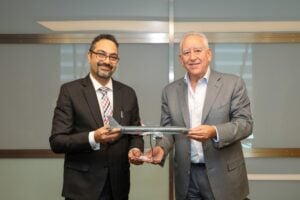 (L-R) Sandesh Bilagi, Chief Executive Officer, Ramco Systems and Samer Majali, Vice Chairman/ CEO of Royal Jordanian Airlines, during the signing ceremony